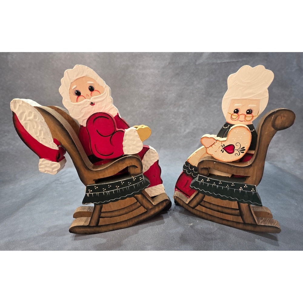 Vintage Hand Painted Wood Santa and Mrs Claus Rocking Chair Christmas Decor Set